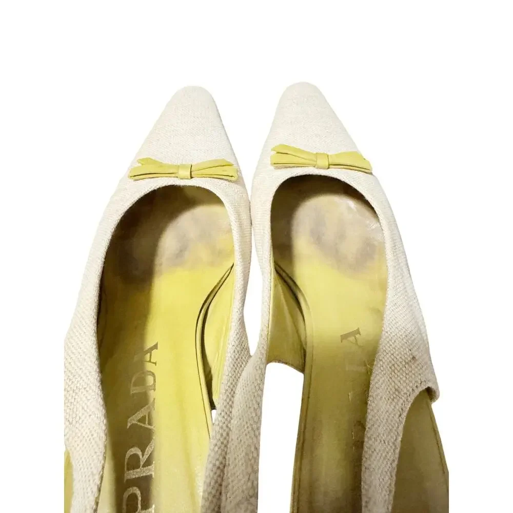 Prada Slingback Heels Canvas Bow Beige Chartreuse Green Pointed Toe 36.5 - Picture 6 of 6